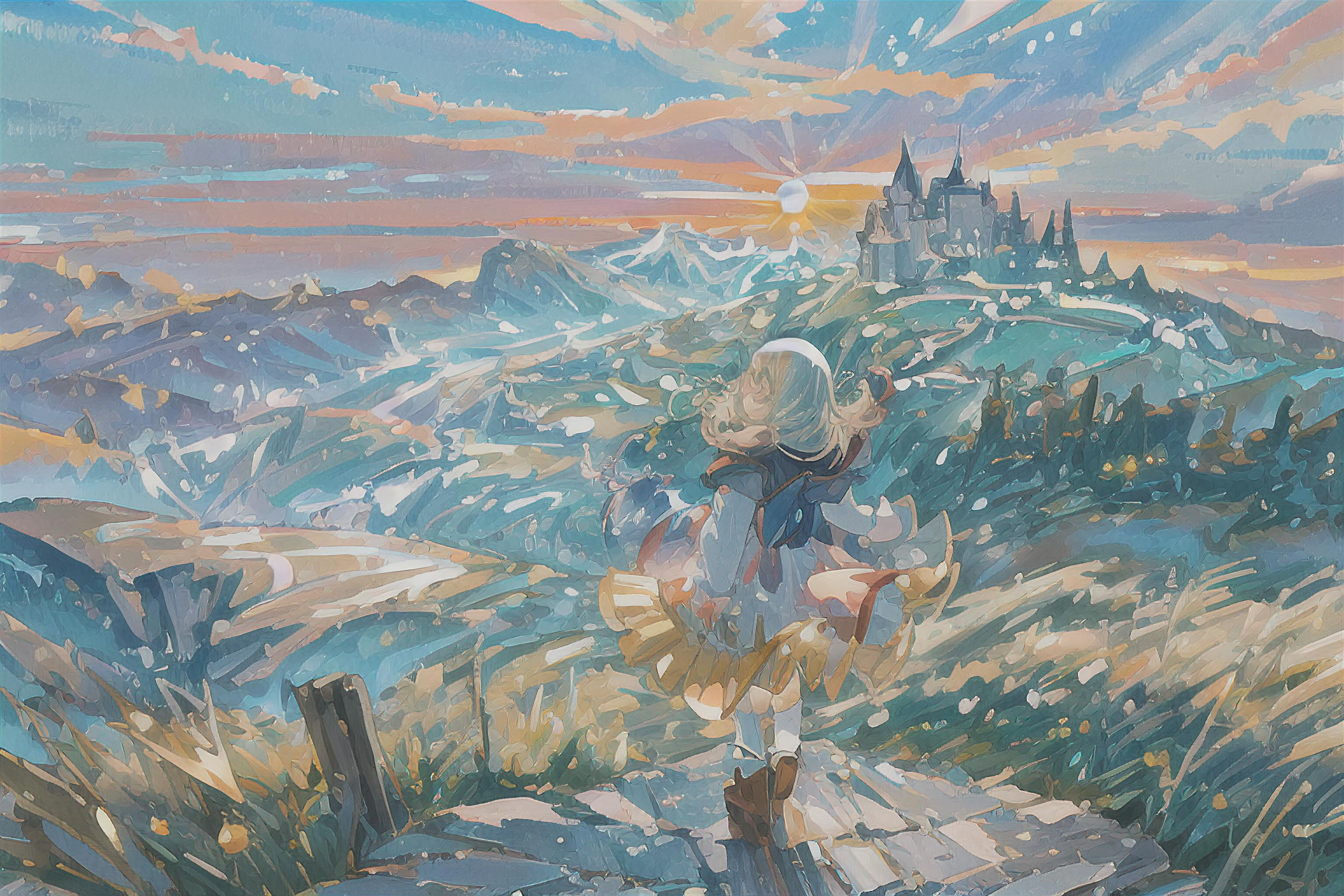 <lora:Detailed_Places_R-128_v1:0.5>
(Anime landscape, anime aesthetics:1.5)
In this absurdres masterpiece, a highly stylized impressionist painting transports viewers to the enchanting world of "Howl's Moving Castle." As the sun dips below the horizon, casting a warm glow across the landscape. The castle itself is a work of art, its whimsical design and intricate details evoking a sense of wonder and magic. Surrounding the castle, rolling hills are bathed in the golden light of sunset, while vibrant hues dance across the sky in a breathtaking display of color.
<lora:more_details:0.5> <lora:AdvancedEnhancer:0.5> analog film, soft light, neon lights, ektachrome, fujifilm xt3, film grain, depth of field, dim light, color grading, RAW