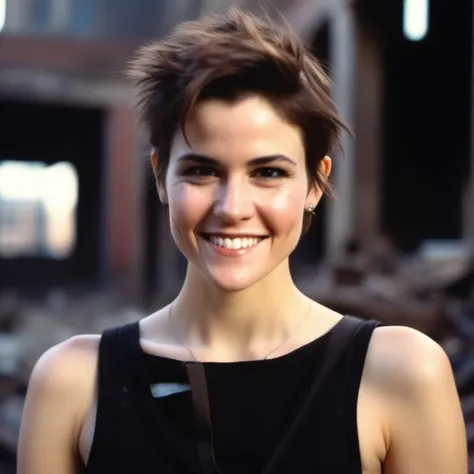 <lora:allysheedy_sdxl:1> allysheedy, close up portrait photo of 26 y.o woman, with a half smile, in wastelander clothes, Pixie with Nape Undercut, pale skin, slim body, background is city ruins, (high detailed skin:1.2), 8k uhd, dslr, soft lighting, high quality, film grain, Fujifilm XT3
