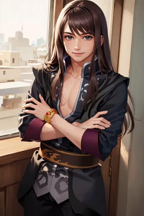 (masterpiece, best quality:1.2), <lyco:tales_lowell-12:1.0>, cowboy shot, solo, male focus, 1boy, tovlowell, smile, closed mouth, looking at viewer, crossed arms, tunic, black pants, jewelry, bracelet