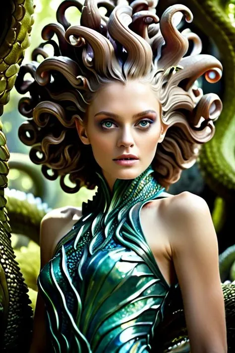 woman in a mythical forest, masterpiece, perfect face, intricate details, horror theme, raw photo, photo unp <lora:FF-TentacleFFashion4:1> tentacle hair, fantasy dress in tentacle style, shimmering fishscales