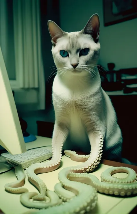 analog film photo. <lora:Tentacle-FFashion-LOha-0416-000009:1> a cute siamese cat sitting at his desk working hard on his 1970s computer to generate more images of anime girls with big boobs, (made of white translucent tentacles:2). Hard light, hard shadows, faded film, desaturated, 35mm photo, grainy, vignette, vintage, Kodachrome, Lomography, stained, highly detailed, found footage