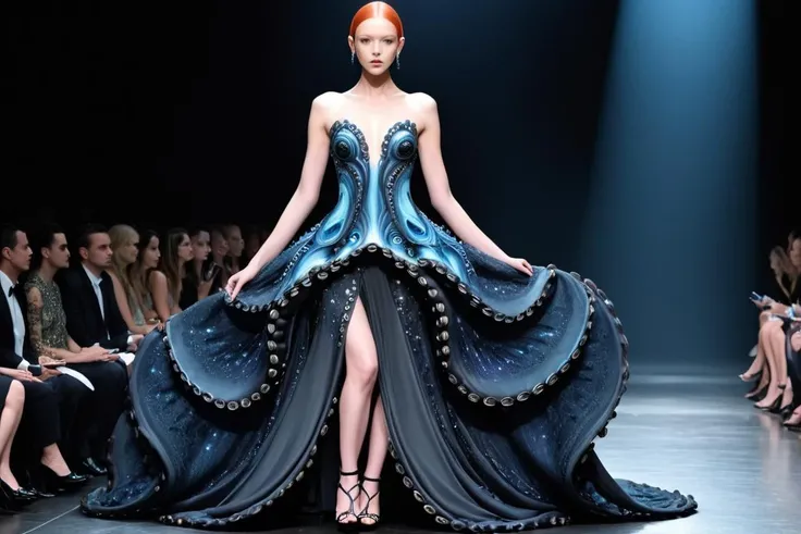 Alien-themed  <lora:Tentacle-FFashion-Loco-2-lrSNr:1> a woman in a dress with octopus tentacles, girl at a fashion show in hell, beautiful elegant demon queen, in style of dark fantasy art, intricate fantasy dress, beautiful octopus woman, avant garde fashion model, high fashion fantasy, high fashion haute couture, haute couture fashion, absurdist wiggly blob in a dress, inspired by Alexander McQueen, an intricate dress    <lora:Tentacle-FFashion-Loco-1:1> . Extraterrestrial, cosmic, otherworldly, mysterious, sci-fi, highly detailed