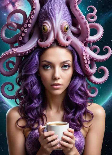medusa greek goddess, with purple octopus tentacles on its head , wearing sunglasses , and a cup of coffee in hand.
