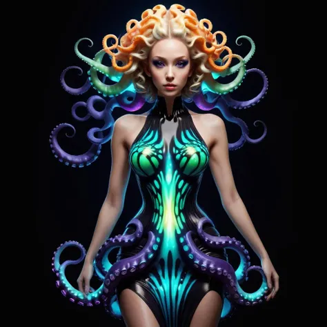 Advertising poster style (Ultrarealistic:1.3) <lora:TentacleFFashion.SFW.FFusion:1> a woman with a glowing dress and octopus tentacles, beautiful octopus woman, portrait of an octopus goddess, octopus goddess, cyberpunk medusa, psychedelic goddess, vivid tentacles, avant garde fashion model, woman made of black flames, swirly body painting, young woman as medusa, blonde girl in a cosmic dress, dark portrait of medusa, psychedelic organic cyborg realism pushed to extreme, fine texture, incredibly lifelike, Extremely high-resolution details, realism pushed to extreme, fine texture, incredibly lifelike,close portrait,(manga:1.3),beautiful,attractive,handsome,trending on ArtStation,DeviantArt contest winner,CGSociety,ultrafine,detailed,studio lighting . Professional, modern, product-focused, commercial, eye-catching, highly detailed