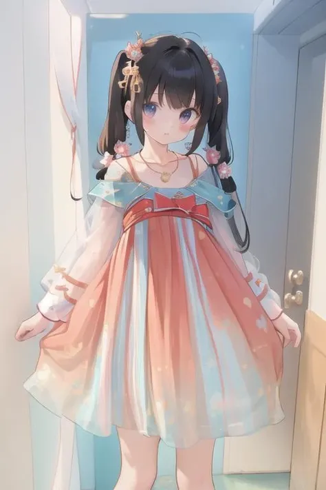 (masterpiece, best quality, ultra high res), 1girl,yaoyao,dress,ruqun,hair ornament,necklace, bracelet, low twintails,(flat chest), standing, above the thighs, <lora:yaoyao_20230626103323:1>