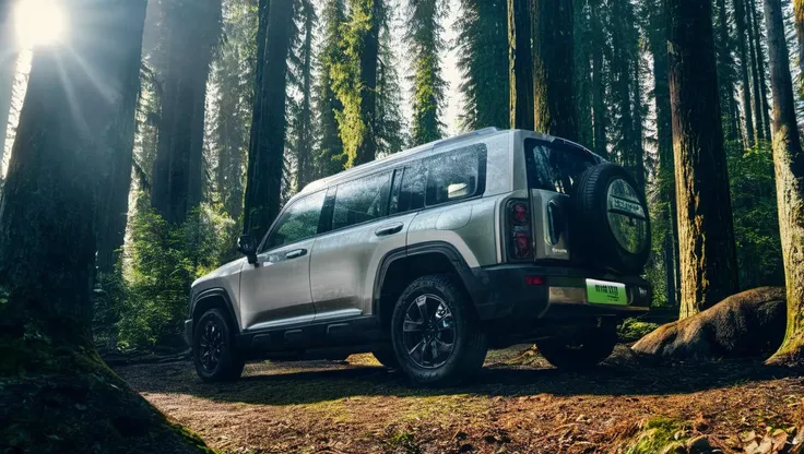 a silve menglong b26 in frontend view, parking  on the middle of the forest, huge trees glowing around. photo, realistic <lora:sdxl_menglong_b26_9_16:1.0>