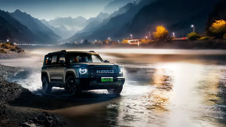 a close-up of a Menglong B26 in frontend view driving on the road beside a river, mountains faraway, stars hanging on the sky, (peace night). photo, realistic <lora:sdxl_menglong_b26_9_16:1.0>