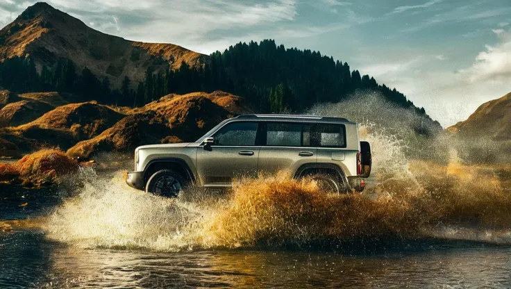 a close-up of a gold Menglong B26 in the frontend view driving down a wet roadt, with a waterfall and a mountain in the background. photo, realistic <lora:sdxl_menglong_b26_9_16:1.0>