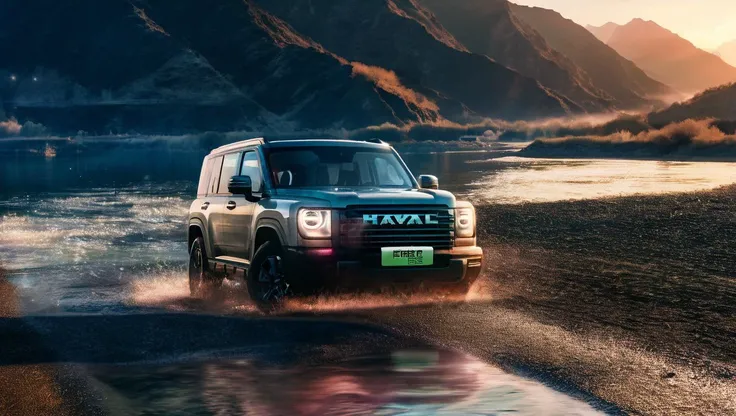 a close-up of a Menglong B26 in frontend view driving on the road beside a river,  mountain faraway, stars hang on the sky, peace night. photo, realistic <lora:sdxl_menglong_b26_9_16:1.0>