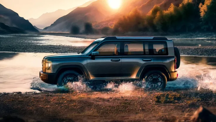 a close-up of a Menglong B26 in frontend view driving on the road beside a river,  mountains faraway, stars hanging on the sky, (peace night). photo, realistic <lora:sdxl_menglong_b26_9_16:1.0>