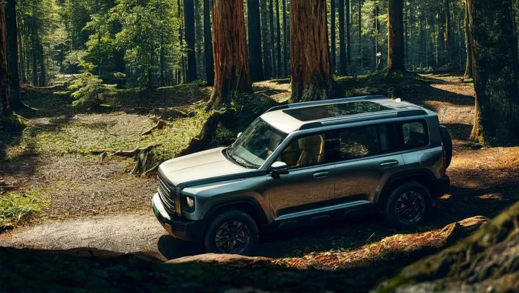 a close-up of silve menglong b26 in frontend view, parking on the middle of the forest, huge trees glowing around. photo, realistic <lora:sdxl_menglong_b26_9_16:1.0>