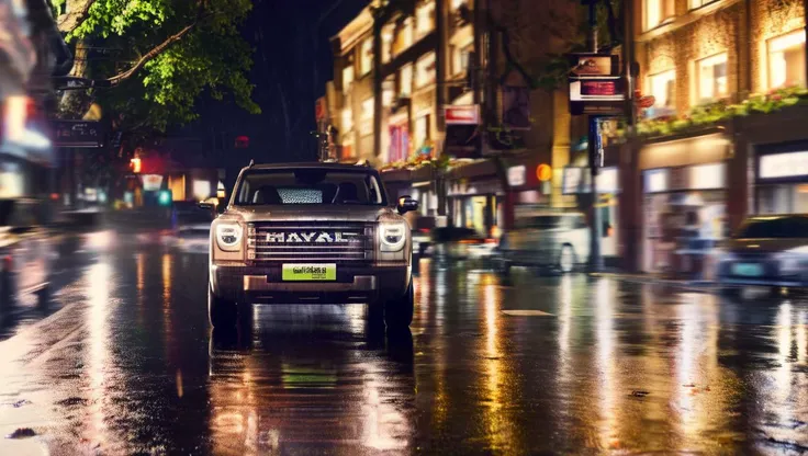 a close-up of a gold Menglong B26 in the frontend view driving down a wet city street at night, with a coffee shop and a brew lane coffee shop in the background.. photo, realistic <lora:sdxl_menglong_b26_9_16:1.0>