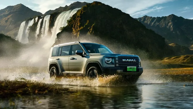 a close-up of a gold Menglong B26 in the frontend view driving down a wet roadt, with a waterfall and a mountain in the background. photo, realistic <lora:sdxl_menglong_b26_9_16:1.0>