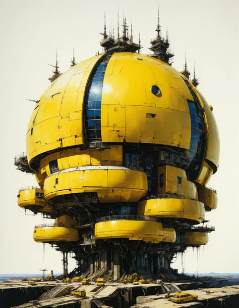 hyper realistic photograph of a (complex architectural science fiction structure:1.4) by Bob Eggleton and Yoji Shinkawa, (glossy , yellow , masterful:1.4), medium full shot, poster art, bold lines, hyper detailed, expressive, award winning, dark limited color palette, high contrast, depth of field, (intricate details, masterpiece, best quality:1.4),
overexposure, looking at viewer, dynamic pose, wide angle view,
<lora:add-detail-xl:1> <lora:xl_more_art-full_v1:0.5> <lora:NicolaSamori:0.5> in the style of nicola samori <lora:looking_at_viewer:2>