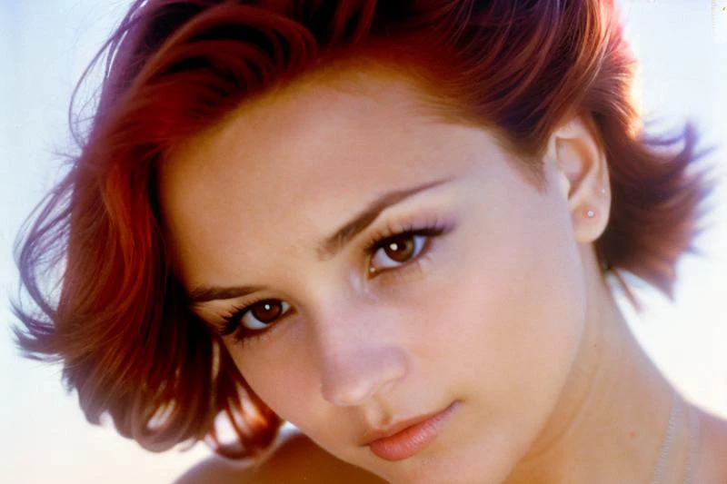 rlcook, <lora:rlcook:1.1>A cinematic closeup shot of a 18 year old woman, soft skin, smooth skin, makeup, (at night), dynamic lighting, updo hair, film grain, photographed on a Hasselblad 500, 50mm F4 lens, with VISION3 500T color negative film,, (sfw), in lomostyle, red hair