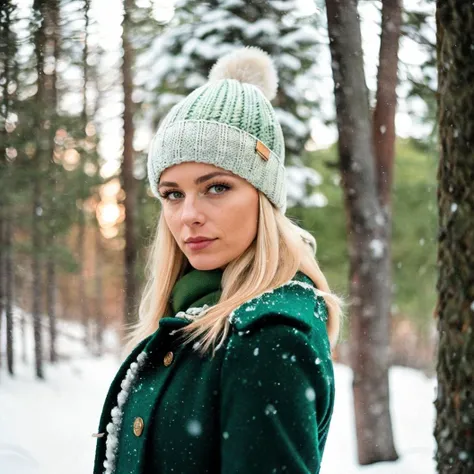 A cinematic medium shot photo of a (gorgeous Norwegian woman with beautiful blonde hair standing outside in the snow), perfect face, detailed facial features, makeup, romantic, flirty expression, (wearing white beanie and green wool winter maxi coat, unbuttoned), fit body, large breasts, cleavage, (highly detailed skin), (winter storm), (fluffy white snow:0.8), (foot prints in snow in background:0.6), natural lighting, dappled light, under a tree, film grain, photographed on a Hasselblad 500, 50 F4 cine lens, with Lomography Metropolis 100-400 film, cinematic contrast, intricately detailed, outdoors, Geirangerfjord, Norway, at dusk, sunset, during the winter, (sfw), in lomostyle