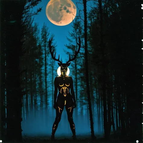 An eerie medium shot artistic nude photo of a (Danish [Shamon|Woman] wearing full deer skull [mask|headdress] with horns standing in the woods at night under a full moon), (Pagan ritual), detailed facial features, small breasts, (detailed skin), cold color temperature, moonlight, blue filter, (haze:0.6),  film grain, photographed on a Holga 120 CFN, 120mm, with (Fuji T64 Pro film), tungsten film, E6 process, B-, medium format, cross-processing, outdoors, in Graastenskovene, Denmark, at night, (silhouette:1.2), nsfw, in lomostyle