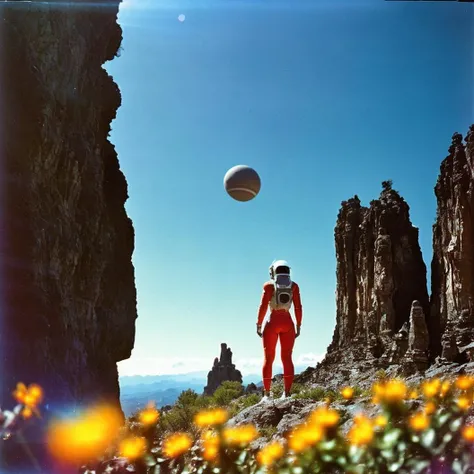 A futuristic rear angle (sci-fi) photo of a (fit woman futuristic astronaut bending over and leaning on rock overlooking advanced ancient alien structure on  Exoplanet), back towards viewer, not looking at viewer, (wearing skintight white and red sci-fi spacesuit, full body),  fit body, (big ass), [wide hips], (lush vegetation), alien jungle, (ancient alien ruins), [particle effect],  floating in air, (mountain:1.1), (lens flare:0.7), (cross-processing), (highly detailed), (cinematic lighting:1.1), sharp shadows, intricately detailed, photographed on a Hasselblad 500, 80mm F2.8 lens, with Cinestill 800T film, cinematic contrast, light leak, outdoors, ((on Exoplanet with vivid flora)), space exploration, journey, NASA-punk, from behind, sfw, in lomostyle