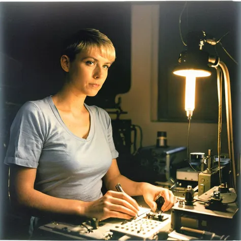 a futuristic medium shot (sci-fi) photo of a (attractive German space engineer woman with short military cut hair sitting at a workbench working on a circuit board in a dimly lit room), perfect face, detailed facial features, blue eyes, looking at viewer, (wearing grey t-shirt), fit body, small breasts, (highly detailed skin), pale skin, [[freckles]], analog technology in background, wires, switches, soldering iron on table, cinematic lighting, ambient light, cross-processed, film grain, photographed on a Hasselblad 500, 80mm F2.8 lens, with Kodak Ultramax 400 film, cinematic contrast, indoors, engineer, candid, NASA-punk, front view, sfw, in lomostyle