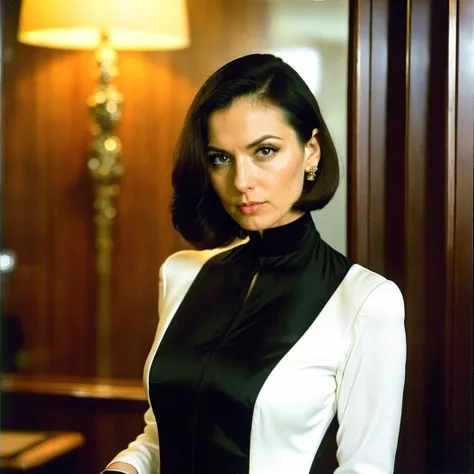 A photo of a ([intelligent|powerful] corporate women with short black hair and white skin, standing behind a ornate wooden desk in a luxurious high-rise office with a large glass window in the background which peers out at a vast cityscape), perfect face, detailed facial features, long eyelashes, [makeup], annoyed expression, looking at the viewer, serious pose, (wearing skintight streamline moderne power suit dress), fit body, large breasts, (highly detailed skin), (cinematic lighting:1.1), sunlight, soft shadows, photographed on a Hasselblad 500, 80mm F2.8 lens, with Fuji Superia X-TRA 400 film, cinematic contrast, indoors, corpo, highly detailed, intricately detailed,  front view, sfw, in lomostyle