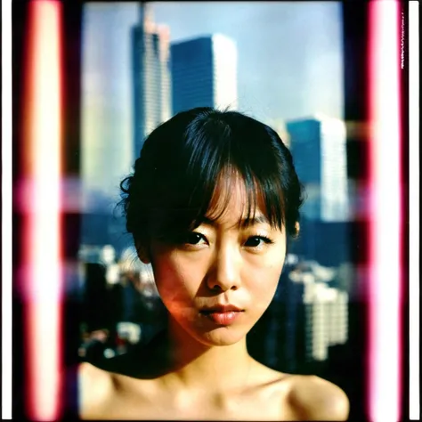 (doubles:1.1), a medium closeup portrait of a nude Japanese woman with elegant updo hair and a photo of a cityscape, (double exposure, Multi-exposure, cross-processing), artistic nude, natural lighting, film grain, photographed on a Canon EOS 5D, with Fuji Superia 100 film, in Aichi, Japan, during the afternoon, nsfw, erotic, in lomostyle
