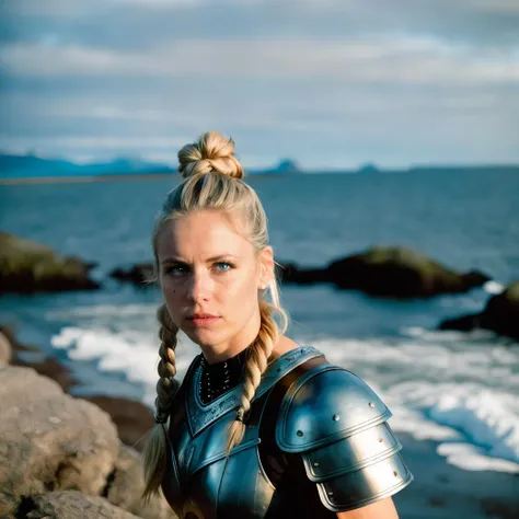 A cinematic hip level shot, photo of a (effortlessly beautiful [Icelandic|Viking] [Warrior|Woman] with elegant blonde updo hair pulled back in a viking braided chignon and decorated with beads charging into battle), perfect face, detailed facial features, (blue war paint on face), battle cry, candid, angry expression, blue eyes, (wearing leather viking armor and coreset:1.2), athletic body, abs, natural breasts, (highly detailed skin), cold weather, chills, standing on Boserup Skov rocky beach , overcast weather, (mist:0.8), (blue lagoon:0.7), natural lighting, sunlight, (crepuscular rays:0.6), soft shadows, film grain, photographed on a Hasselblad 500, 50mm F4 lens, with VISION3 500T color negative film, (lens flare:0.4), [[light leak]], outdoors, in Reykjavik, Zealand island, Denmark, at dusk, (sfw), dynamic angle, action shot, in lomostyle