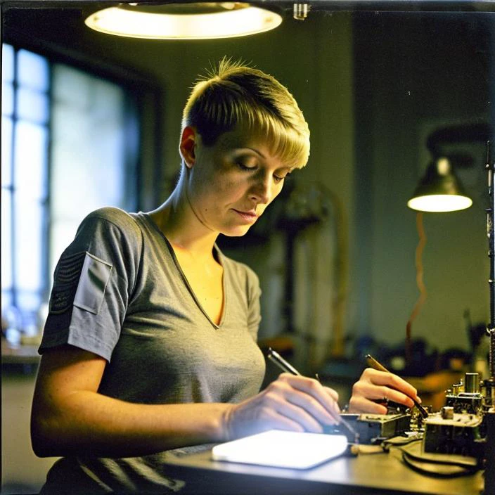 a futuristic medium shot (sci-fi) photo of a (attractive German space engineer woman with short military cut hair sitting at a workbench working on a circuit board in a dimly lit room), perfect face, detailed facial features, blue eyes, looking at viewer, (wearing grey t-shirt), fit body, small breasts, (highly detailed skin), pale skin, [[freckles]], analog technology in background, wires, switches, soldering iron on table, cinematic lighting, ambient light, cross-processed, film grain, photographed on a Hasselblad 500, 80mm F2.8 lens, with Kodak Ultramax 400 film, cinematic contrast, indoors, engineer, candid, NASA-punk, front view, sfw, in lomostyle
