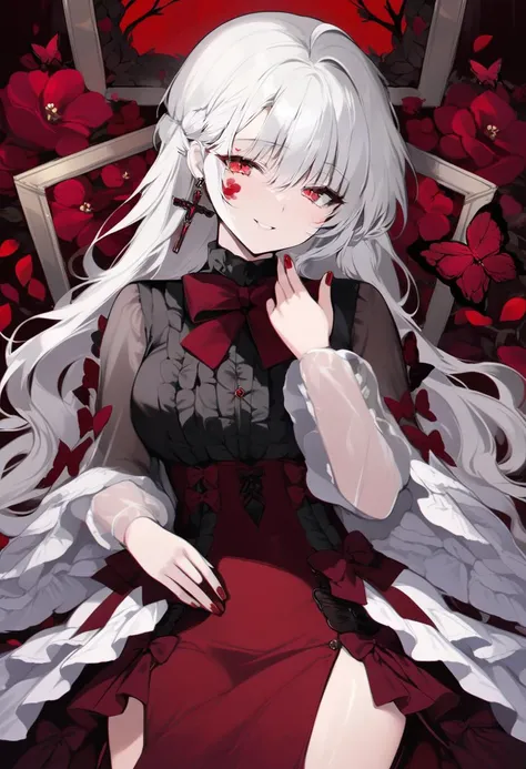 cabelos preto e longos,red pupils,Grief sheds tears,Teardrops are blood red,Gothic rose dress,White panty hose,sit on chair,Looking sadly at the audience