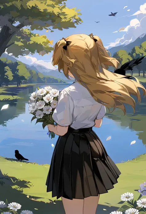 masterpiece, best quality, <lora:OH4XL_V1:1>1girl, flower, skirt, outdoors, blonde hair, bird, black skirt, white shirt, shirt, long hair, fischl \(genshin impact\), solo, holding, grass, two side up, from behind, white flower, short sleeves, holding flower, petals, pleated skirt, sky, crow, standing, tree, lake, mountain