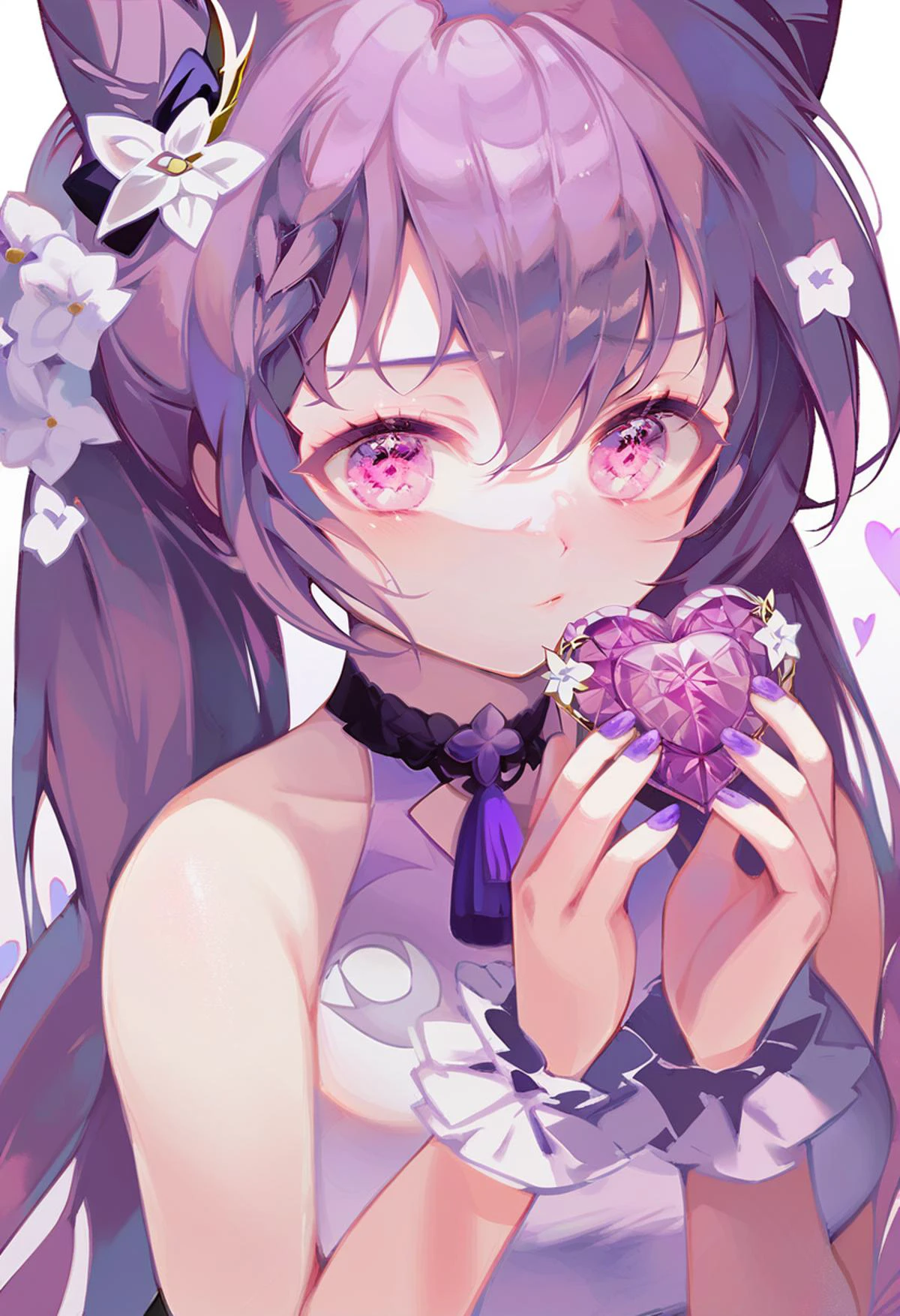 score_9, score_8_up, score_7_up, score_6_up, <lora:OH4XL_P6_lokr_V4312:0.95> 1girl, keqing \(genshin impact\), solo, purple hair, looking at viewer, hair bun, hair ornament, long hair, bare shoulders, holding, purple eyes, upper body, purple nails, nail polish, hair between eyes, flower, white background, gem, sleeveless, hair flower, cone hair bun, wrist cuffs, dress, choker, blush, simple background, twintails, double bun, braid, heart, hair bow, bow, hands up