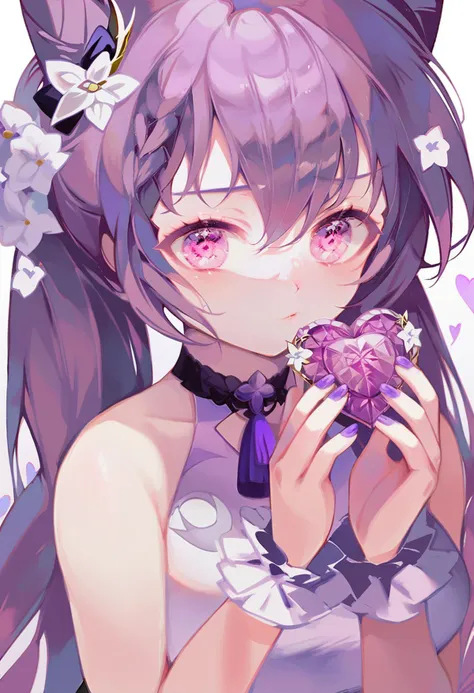 score_9, score_8_up, score_7_up, score_6_up, <lora:OH4XL_P6_lokr_V4312:0.95> 1girl, keqing \(genshin impact\), solo, purple hair, looking at viewer, hair bun, hair ornament, long hair, bare shoulders, holding, purple eyes, upper body, purple nails, nail polish, hair between eyes, flower, white background, gem, sleeveless, hair flower, cone hair bun, wrist cuffs, dress, choker, blush, simple background, twintails, double bun, braid, heart, hair bow, bow, hands up