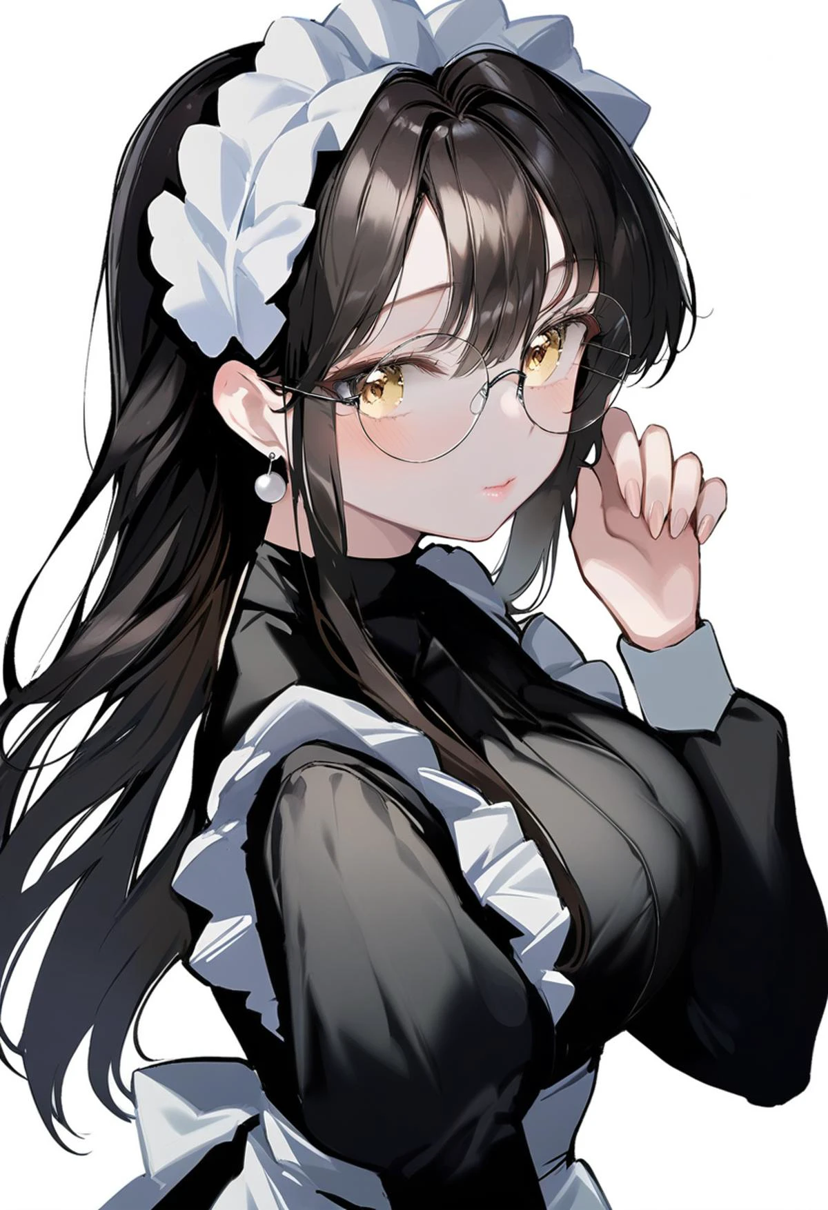 masterpiece, best quality,<lora:OH4XL_ANI31_lokr_V4312:0.95>1girl, solo, glasses, white background, looking at viewer, maid headdress, round eyewear, maid, simple background, black hair, yellow eyes, upper body, jewelry, long sleeves, earrings, breasts, closed mouth, apron, dress, black dress, hand up, from side, long hair, hair between eyes, large breasts, maid apron, blush, puffy sleeves, sidelocks, looking to the side, lips, frills