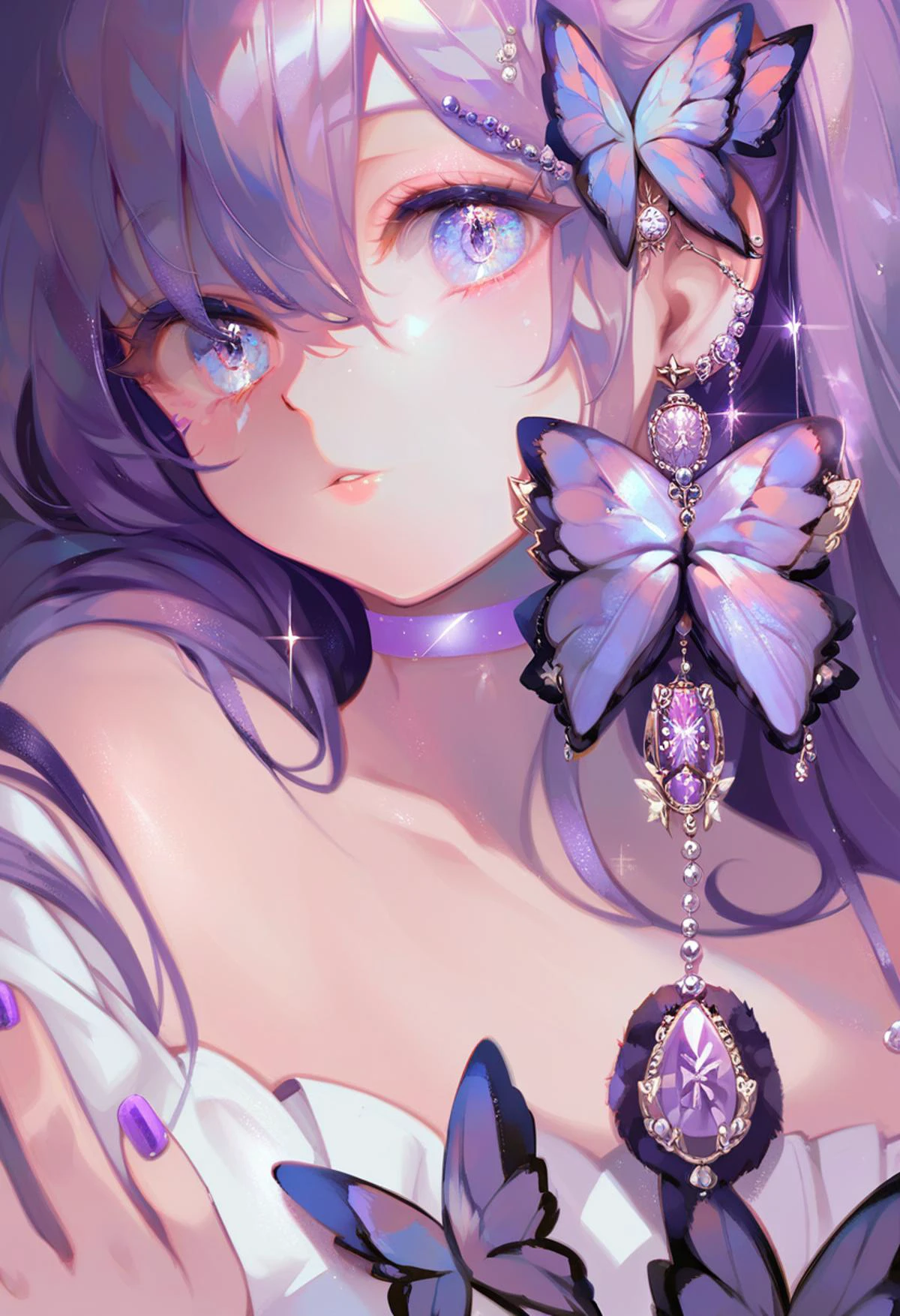score_9, score_8_up, score_7_up, score_6_up, <lora:OH4XL_P6_lokr_V4312:0.95> 1girl, solo, jewelry, bug, earrings, purple nails, butterfly, purple theme, purple choker, choker, looking at viewer, long hair, parted lips, nail polish, hair between eyes, purple eyes, purple hair, bare shoulders, upper body, bracelet, blue eyes, hair ornament, white choker, eyelashes, sparkle, butterfly hair ornament, purple butterfly, gem, portrait, off shoulder, beads, dress, collarbone