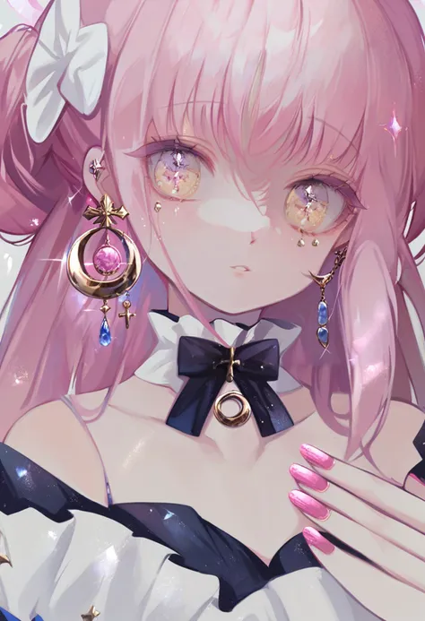 score_9, score_8_up, score_7_up, score_6_up, <lora:OH4XL_P6_lokr_V4312:0.95> 1girl, solo, mika \(blue archive\), jewelry, pink hair, earrings, pink nails, looking at viewer, yellow eyes, hair bun, cross, crescent, single side bun, long hair, nail polish, cross earrings, parted lips, dress, ribbon, white dress, bare shoulders, fingernails, crescent earrings, bow, detached collar, frills, collarbone, choker, sparkle, upper body, halo, off shoulder, ring, portrait, eyelashes, black ribbon, neck ribbon