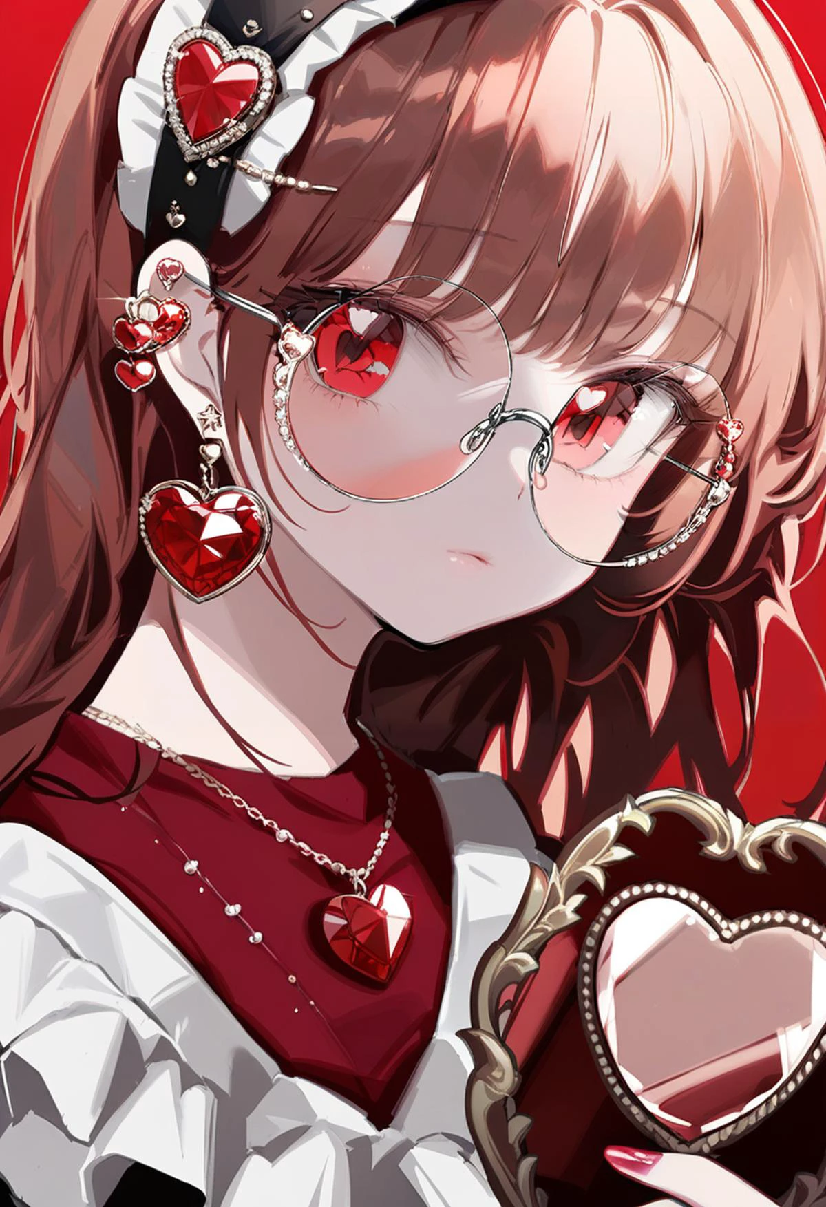 masterpiece, best quality,<lora:OH4XL_ANI31_lokr_V4312:0.95>1girl, solo, jewelry, red eyes, earrings, red background, glasses, round eyewear, looking at viewer, red theme, holding, heart, closed mouth, heart earrings, red shirt, red gemstone, brown hair, ear piercing, simple background, long hair, gem, upper body, shirt, mirror, piercing, necklace, fingernails, nail polish, hand mirror, eyelashes, hairband, expressionless, red hair, holding mirror, portrait, chain, frills