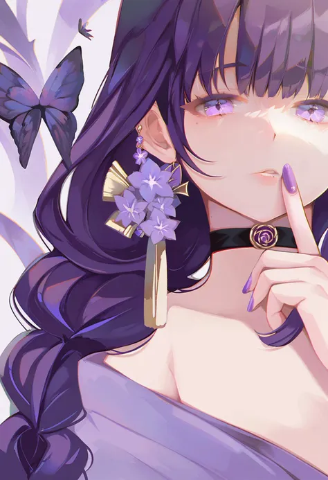 score_9, score_8_up, score_7_up, score_6_up, <lora:OH4XL_P6_lokr_V4312:0.95> 1girl, raiden shogun, solo, purple eyes, choker, purple nails, purple hair, looking at viewer, mole under eye, earrings, jewelry, mole, braid, long hair, black choker, nail polish, parted lips, bug, finger to mouth, butterfly, flower, hair ornament, purple kimono, purple flower, portrait, index finger raised, braided ponytail, close-up, japanese clothes, tassel