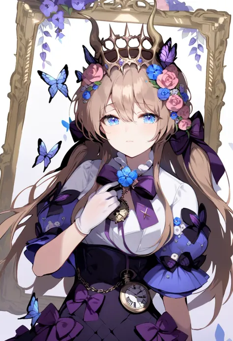 masterpiece, best quality,<lora:OH4XL_ANI31_lokr_V4312:0.95>1girl, solo, flower, hair ornament, long hair, bow, hair flower, purple bow, gloves, bug, picture frame, butterfly, short sleeves, hair between eyes, white gloves, looking at viewer, closed mouth, purple flower, puffy sleeves, white shirt, shirt, black bow, skirt, blue flower, upper body, bowtie, holding, purple bowtie, blue butterfly, puffy short sleeves, watch, rose, crown, dress, blue eyes, pink flower, purple skirt, brown hair, purple eyes, hand up, gem, pocket watch, hair bow, black skirt, tears, high-waist skirt, horns, purple butterfly, white background, frills