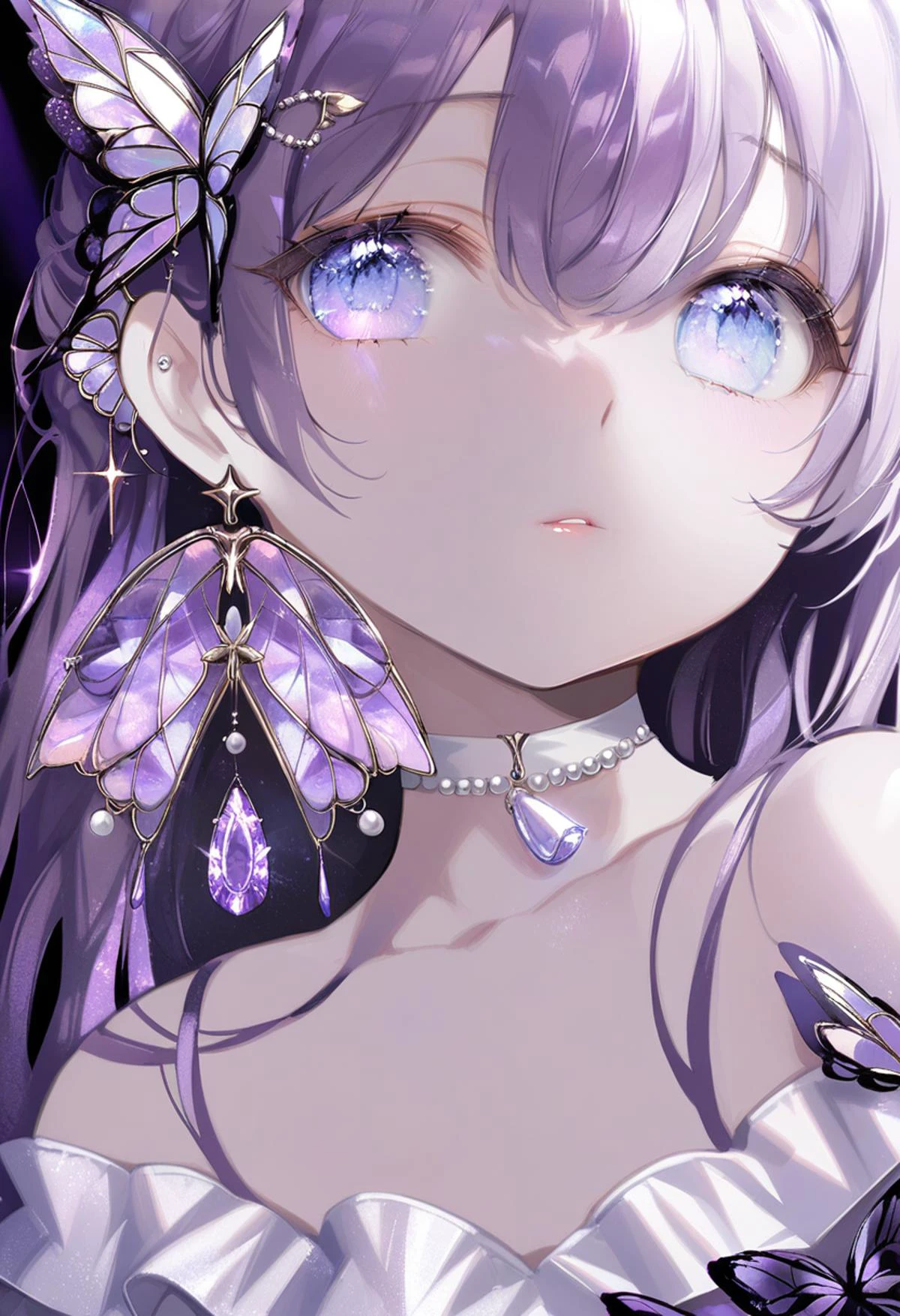 masterpiece, best quality,<lora:OH4XL_ANI31_lokr_V4312:0.95>1girl, solo, jewelry, bug, earrings, purple nails, butterfly, purple theme, purple choker, choker, looking at viewer, long hair, parted lips, nail polish, hair between eyes, purple eyes, purple hair, bare shoulders, upper body, bracelet, blue eyes, hair ornament, white choker, eyelashes, sparkle, butterfly hair ornament, purple butterfly, gem, portrait, off shoulder, beads, dress, collarbone