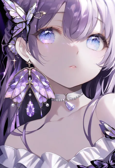 masterpiece, best quality,<lora:OH4XL_ANI31_lokr_V4312:0.95>1girl, solo, jewelry, bug, earrings, purple nails, butterfly, purple theme, purple choker, choker, looking at viewer, long hair, parted lips, nail polish, hair between eyes, purple eyes, purple hair, bare shoulders, upper body, bracelet, blue eyes, hair ornament, white choker, eyelashes, sparkle, butterfly hair ornament, purple butterfly, gem, portrait, off shoulder, beads, dress, collarbone