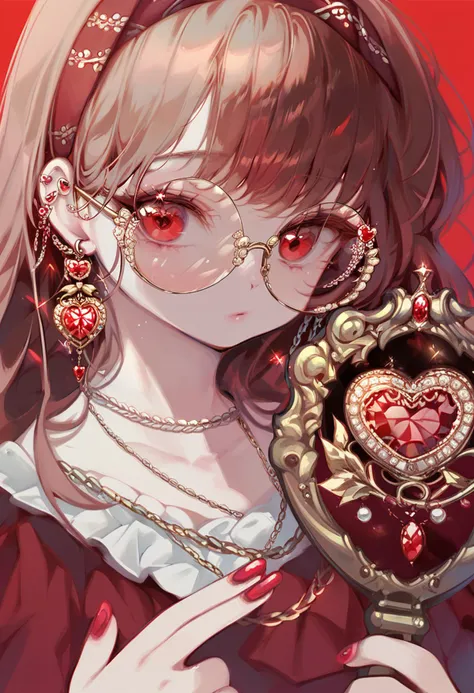 score_9, score_8_up, score_7_up, score_6_up, <lora:OH4XL_P6_lokr_V4312:0.95> 1girl, solo, jewelry, red eyes, earrings, red background, glasses, round eyewear, looking at viewer, red theme, holding, heart, closed mouth, heart earrings, red shirt, red gemstone, brown hair, ear piercing, simple background, long hair, gem, upper body, shirt, mirror, piercing, necklace, fingernails, nail polish, hand mirror, eyelashes, hairband, expressionless, red hair, holding mirror, portrait, chain, frills