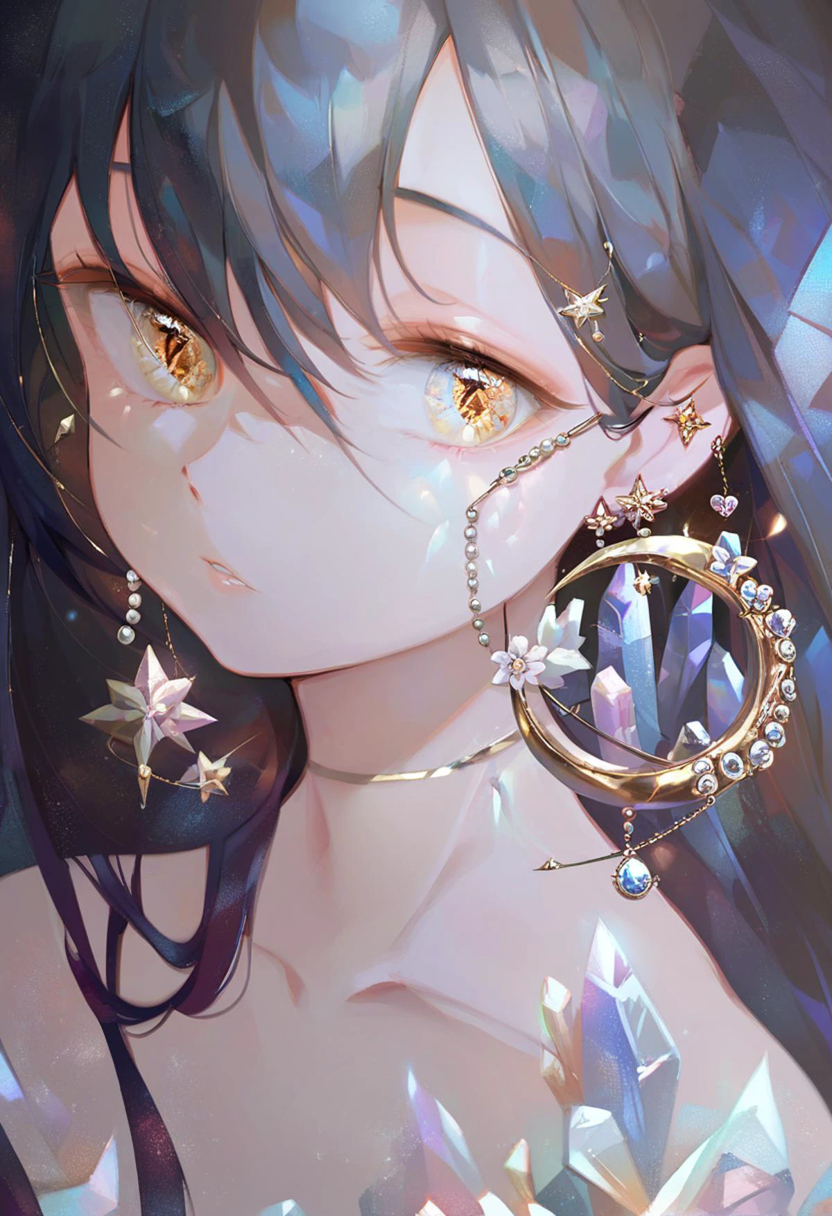 score_9, score_8_up, score_7_up, score_6_up, <lora:OH4XL_P6_lokr_V4312:0.95> 1girl, solo, jewelry, earrings, parted lips, looking at viewer, hair between eyes, crescent, long hair, portrait, collarbone, gem, crescent earrings, close-up, multicolored eyes, crystal, bare shoulders, yellow eyes, star \(symbol\), eyelashes