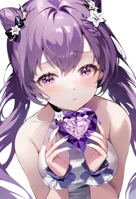 masterpiece, best quality,<lora:OH4XL_ANI31_lokr_V4312:0.95>1girl, keqing \(genshin impact\), solo, purple hair, looking at viewer, hair bun, hair ornament, long hair, bare shoulders, holding, purple eyes, upper body, purple nails, nail polish, hair between eyes, flower, white background, gem, sleeveless, hair flower, cone hair bun, wrist cuffs, dress, choker, blush, simple background, twintails, double bun, braid, heart, hair bow, bow, hands up