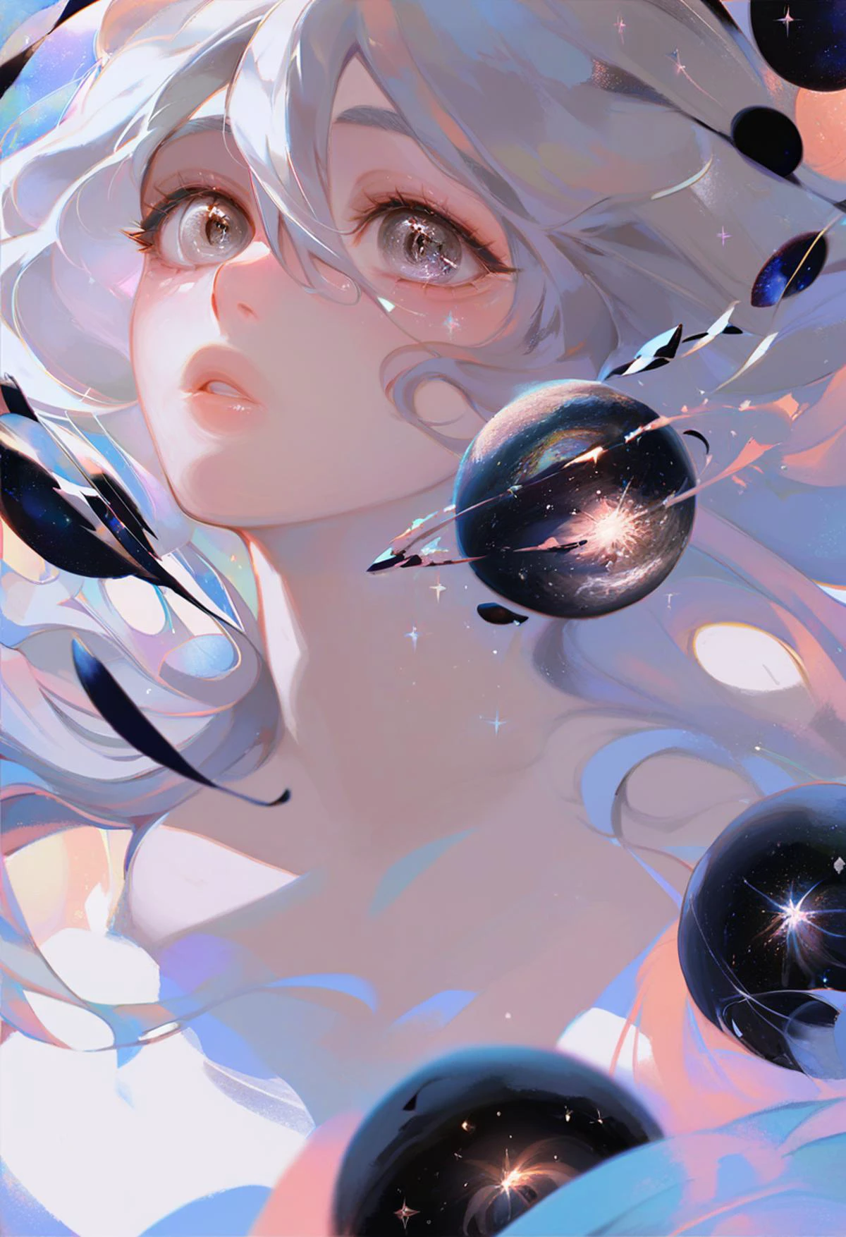 score_9, score_8_up, score_7_up, score_6_up, <lora:OH4XL_P6_lokr_V4312:0.95> 1girl, solo, long hair, hair between eyes, parted lips, upper body, grey eyes, grey hair, planet, floating hair, abstract, bare shoulders, eyelashes, lips, white hair, star \(symbol\)