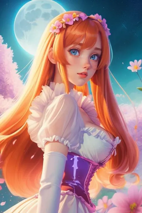 anime artwork natnobody, solo, <lora:Outfit_soph-RuchedTopPearlCorset:0.7> dr3ss, (Ethereal Luminous Moonlight) shiny latex, dress,corset, pearl \(gem\) frills, elbow gloves, detatched sleeves, puffy short sleeves, cleavage, (hair ribbons), fishnet:1.2, hourglass figure, socks, high heels eyeliner, eyeshadow, makeup, (freckles) braided crown, (flower hair garland:1.2) vibrant, highly detailed, ,best quality, high quality, . anime style, key visual, vibrant, studio anime, highly detailed