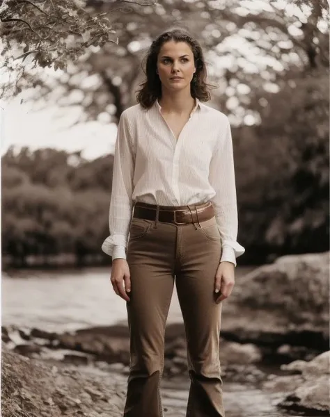 photograph, Romantic Emergent kerirussel, wearing Lifeless Archean Gold torn pants, Belts, soft focus, Hopeful, film grain, Ilford HP5, Circular polarizer, Sepia filter, <lora:kerirussel:0.9>