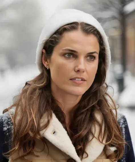 professional portrait photograph of a gorgeous kerirussel, in winter clothing with long wavy dark hair, ((sultry look)), freckles,
beautiful symmetrical face, cute natural makeup, ((standing outside in snowy city street)), ultra realistic, concept art, elegant, highly detailed, intricate, sharp focus, depth of field, f/1. 8, 85mm, medium shot, mid shot, (centered image composition), (professionally color graded), ((bright soft diffused light)), volumetric fog, trending on instagram, hdr 4k,<lora:kerirussel:0.9>