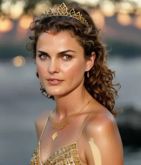 kerirussel,wearing a gold dress and jewelry with a tiara on her head and a necklace on her neck with, masterpiece,best quality,CG,detailed light,extremely detailed,royalty,HDR,intricate details,brown eyes,
<lora:kerirussel:0.9>,