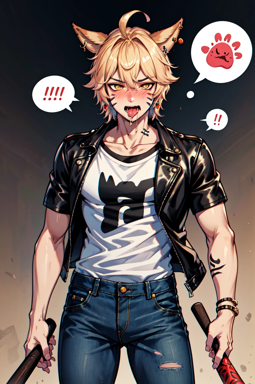1boy, male focus, solo, Simple-Miqote Ahoge-HornballFace BadBoyVibes-GenderFree beatyou-up-meme