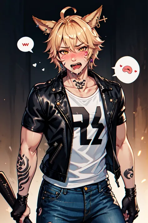 1boy, male focus, solo, Simple-Miqote Ahoge-HornballFace BadBoyVibes-GenderFree beatyou-up-meme