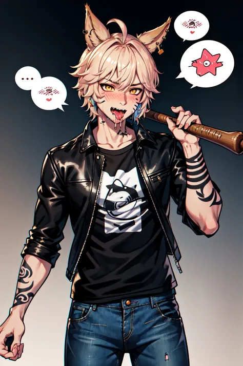 1boy, male focus, solo, Simple-Miqote Ahoge-HornballFace BadBoyVibes-GenderFree beatyou-up-meme